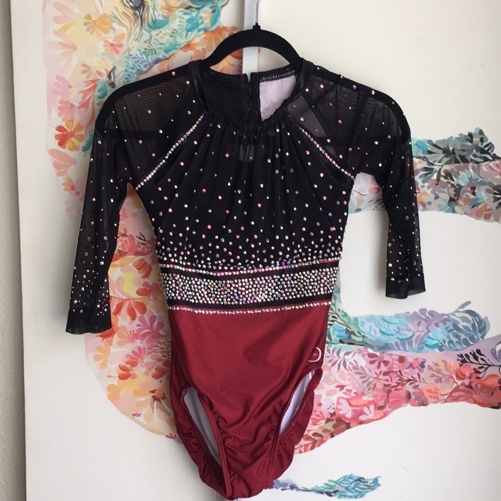 Zone Pro Black Mesh and Burgundy Long Sleeve One-Piece with Rhinestones